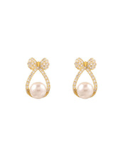 DIY Gold Sterling Silver Alloy Zircon Pearl Bow Stud Earrings