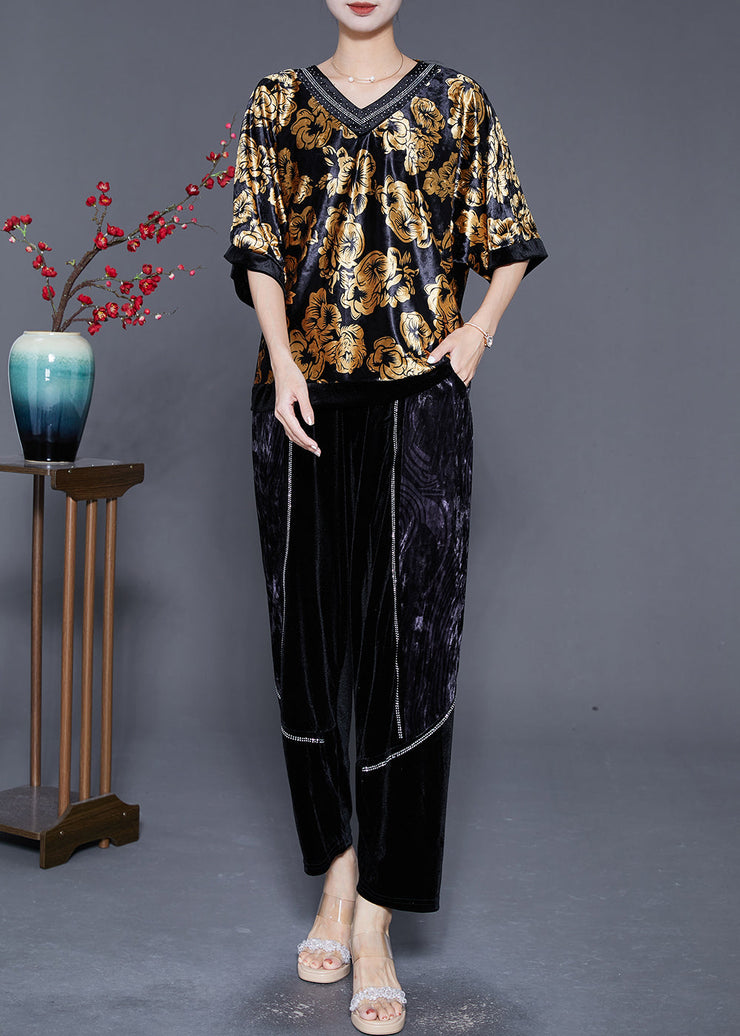 DIY Golden Floral Oversized Zircon Silk Velour Two Pieces Set Summer