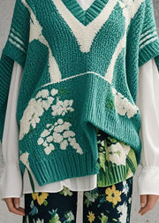 DIY Green Asymmetrical Jacquard Knitted Tops Short Sleeve