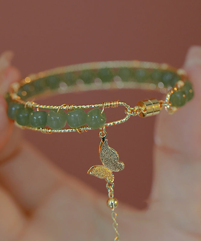DIY Green Copper Overgild Jade Butterfly Tassel Charm Bracelet