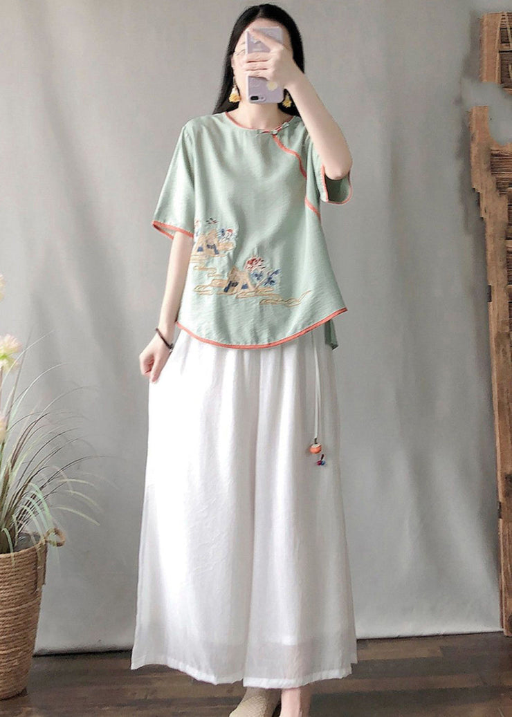 DIY Green Embroideried Chinese Button Cotton Shirt Summer