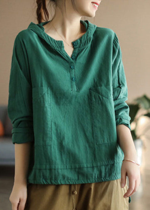 DIY Green Hooded Patchwork Oversized Cotton Shirt Top Spring