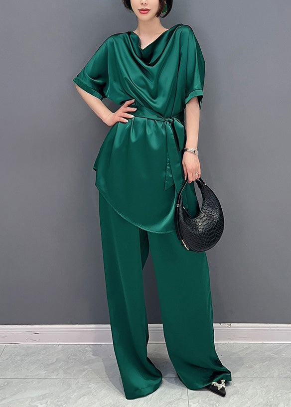 DIY Green O-Neck Solid Top And Wide Leg Pants Two Pieces Set Short Sleeve