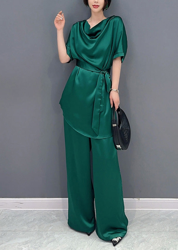 DIY Green O-Neck Solid Top And Wide Leg Pants Two Pieces Set Short Sleeve