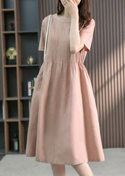 DIY Green O-Neck Wrinkled Solid Linen Maxi Dress Short Sleeve