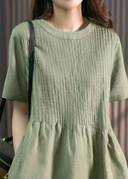 DIY Green O-Neck Wrinkled Solid Linen Maxi Dress Short Sleeve