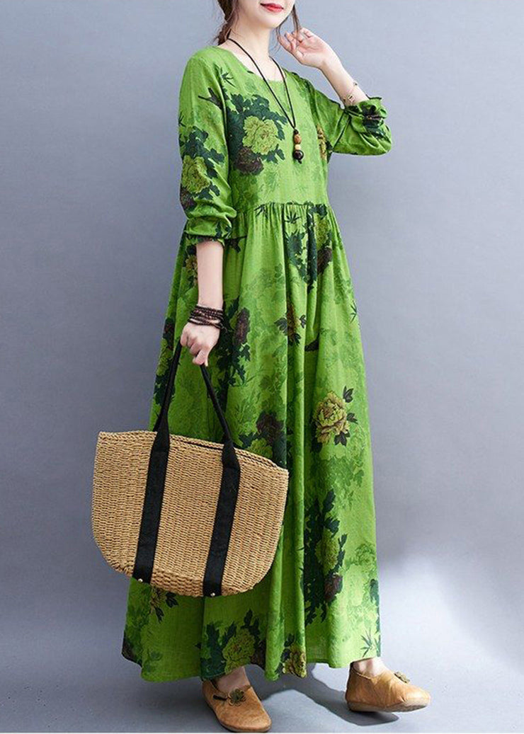 DIY Green Oversized Print Cotton Ankle Dress Spring