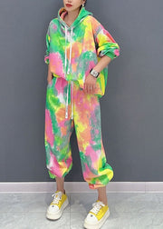 DIY Green Print Hooded Coats And Lantern Pants Two Piece Set Long Sleeve