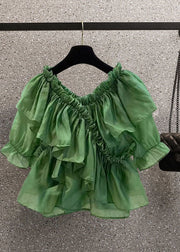 DIY Green Ruffled Patchwork Chiffon Blouses Summer