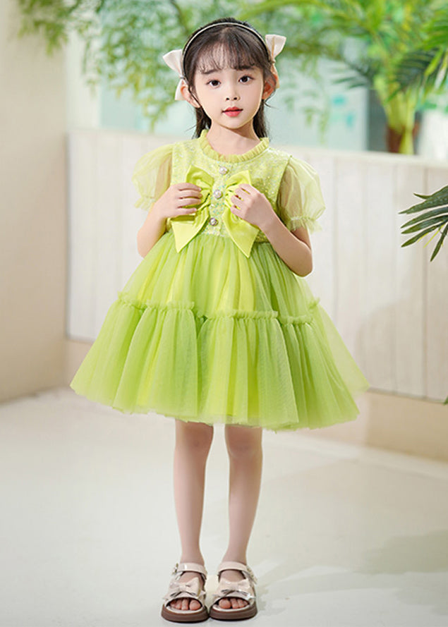 DIY Green Ruffled Patchwork Tulle Kids Girls Dress Summer