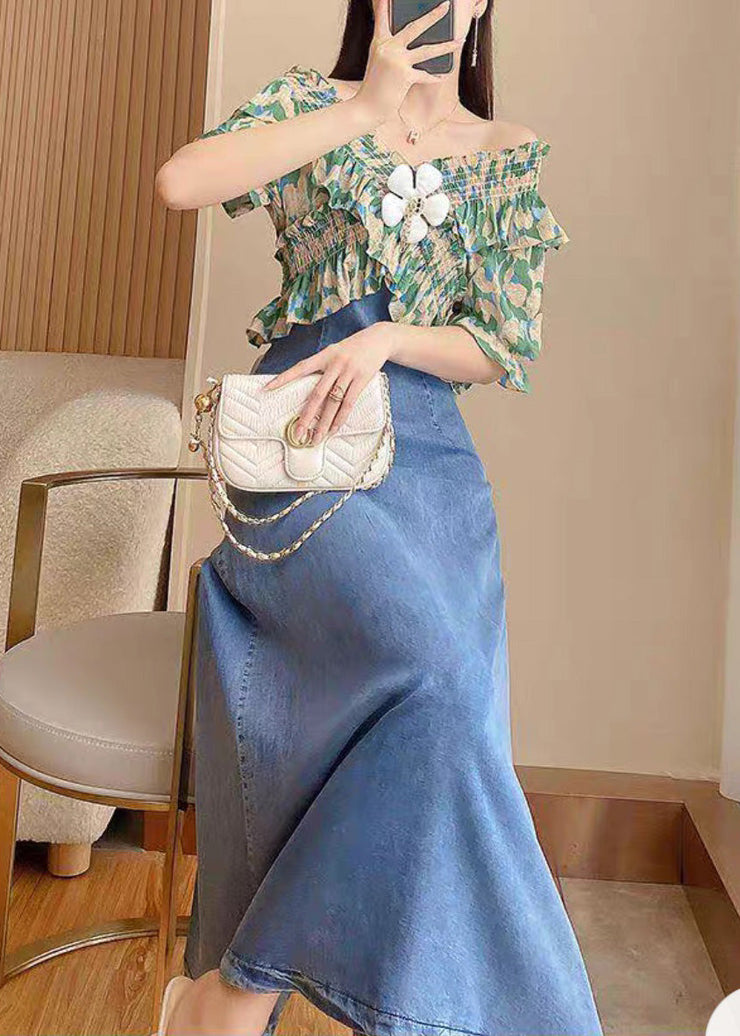 DIY Green Slash Neck Print Patchwork Denim Long Dress Short Sleeve