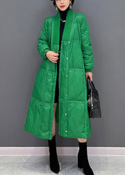 DIY Green V Neck Button Thick Duck Down Down Coat Winter