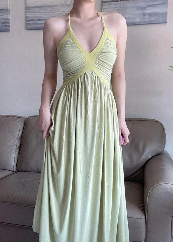 DIY Green V Neck Patchwork Wrinkled Slim Long Dress Sleeveless