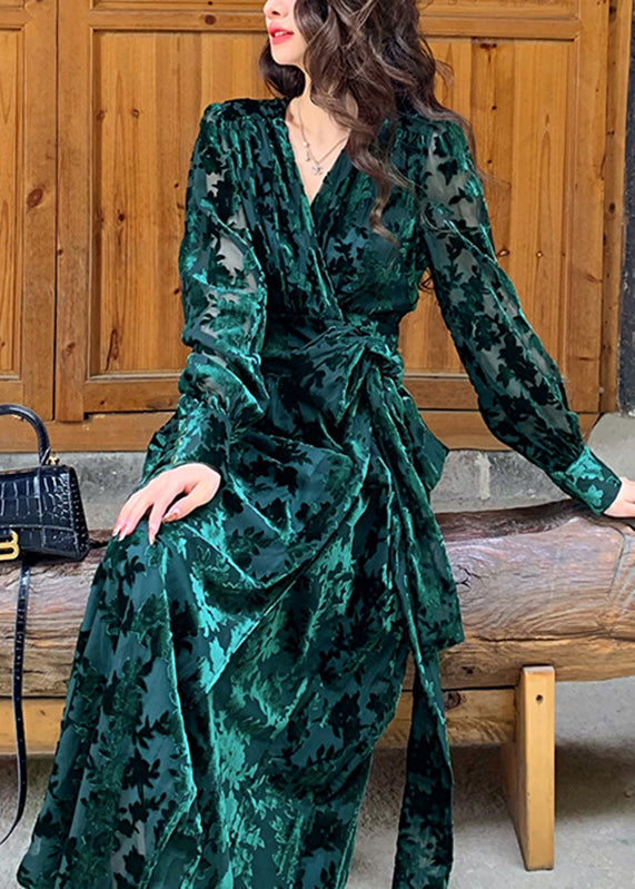 DIY Green V Neck Print Silk Velour Tie Waist Maxi Dresses Fall