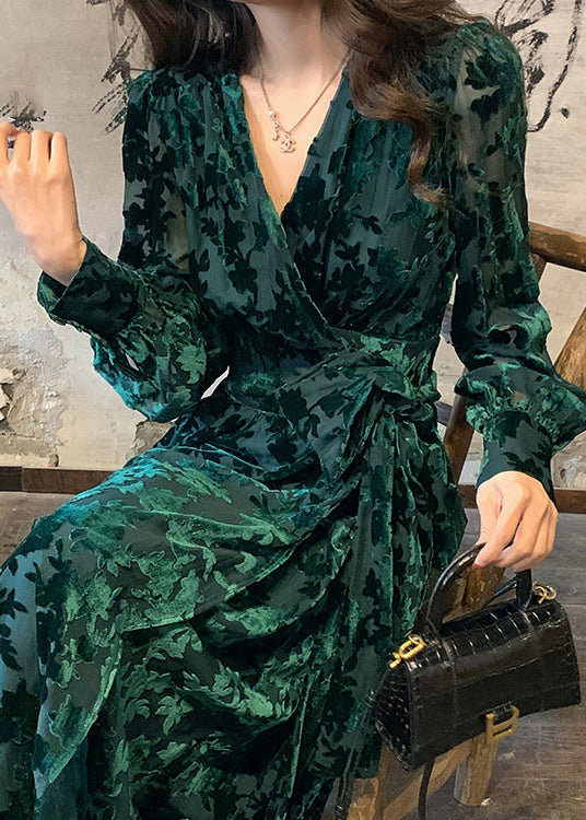 DIY Green V Neck Print Silk Velour Tie Waist Maxi Dresses Fall