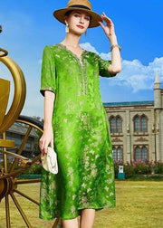 DIY Green V Neck Tasseled Print Patchwork Silk Dresses Summer