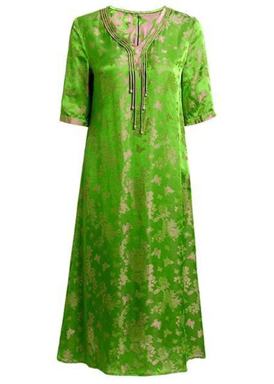 DIY Green V Neck Tasseled Print Patchwork Silk Dresses Summer