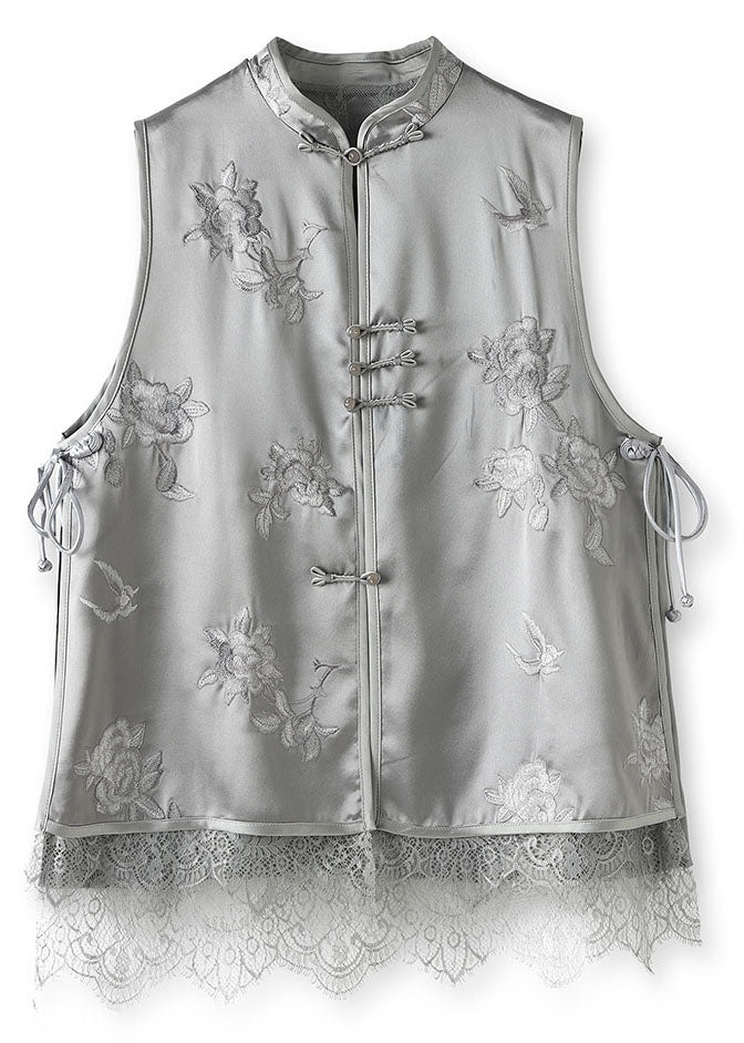 DIY Grey Embroideried Lace Patchwork Button Silk Coats Sleeveless