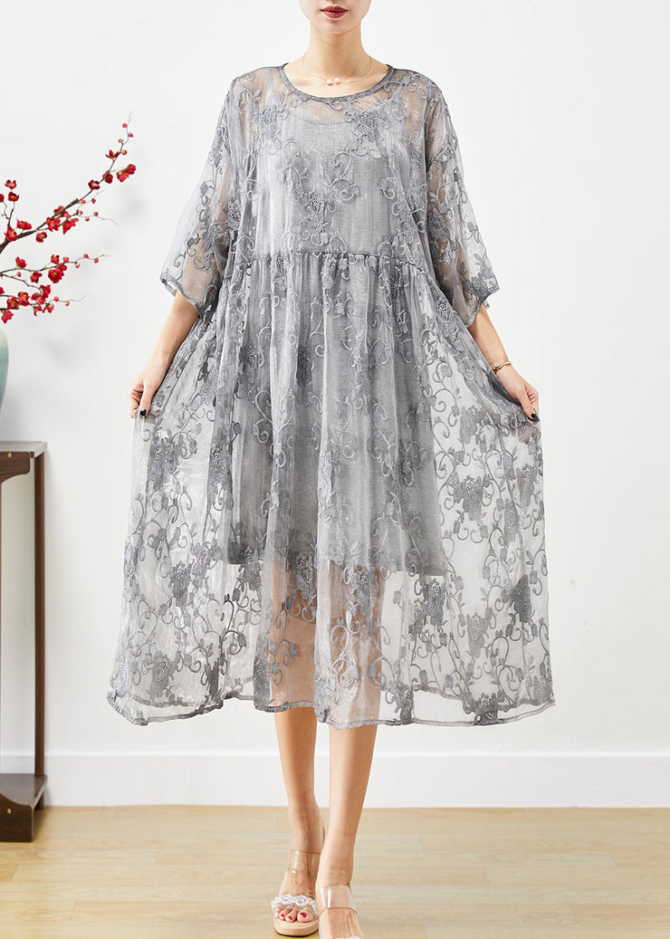 DIY Grey Embroidered Tulle Party Dress Two Piece Set Summer