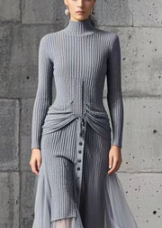 DIY Grey High Neck Patchwork Tulle Sweater Dress Winter