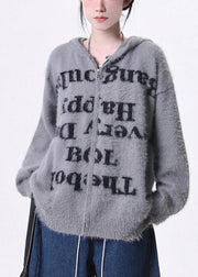 DIY Grey Oversized Letter Print Knit Hoodie Coat Spring