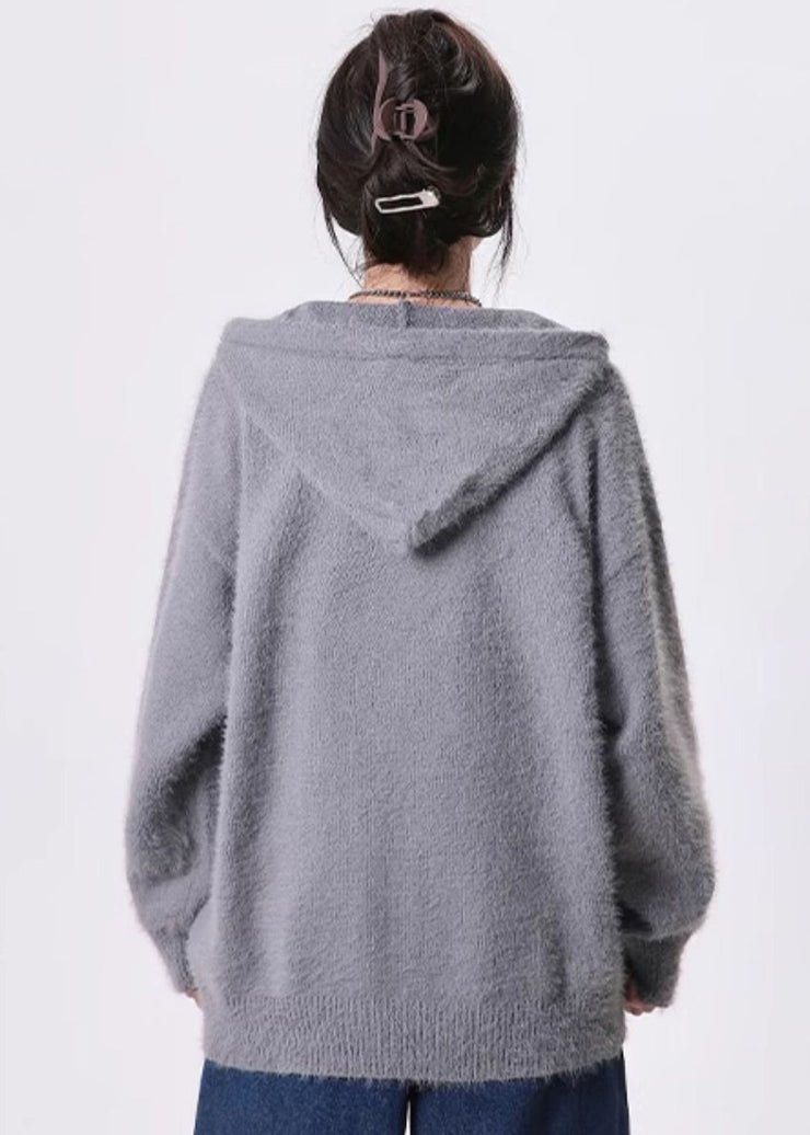 DIY Grey Oversized Letter Print Knit Hoodie Coat Spring