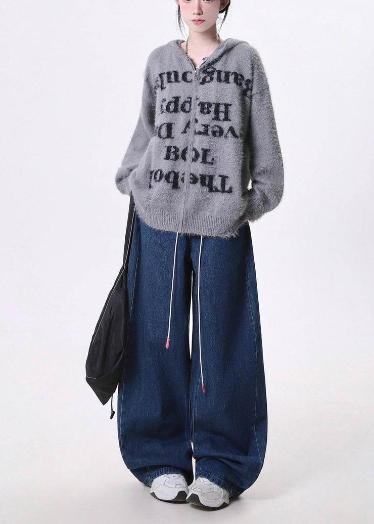 DIY Grey Oversized Letter Print Knit Hoodie Coat Spring