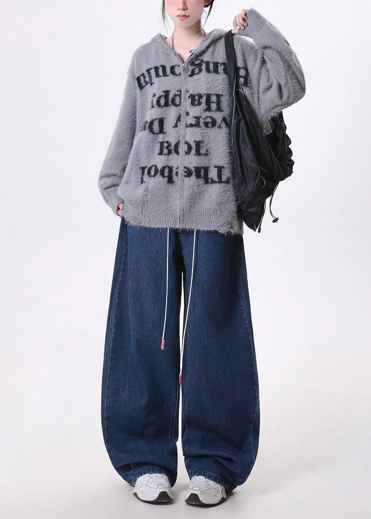 DIY Grey Oversized Letter Print Knit Hoodie Coat Spring