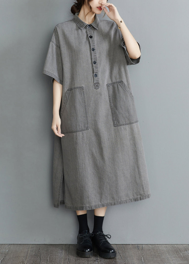 DIY Grey Oversized Pockets Side Open Denim Vacation Dress Summer