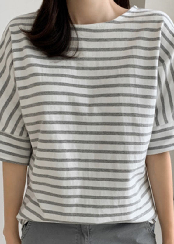 DIY Grey Striped O Neck Cotton T Shirt Tops Puff Sleeve