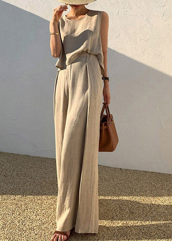 DIY Khaki O-Neck Vests And Wide Leg Pants Two Pieces Set Summer