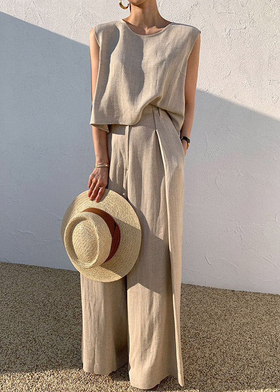 DIY Khaki O-Neck Vests And Wide Leg Pants Two Pieces Set Summer