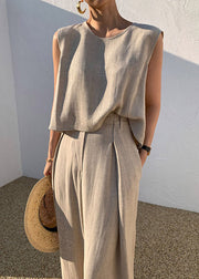 DIY Khaki O-Neck Vests And Wide Leg Pants Two Pieces Set Summer