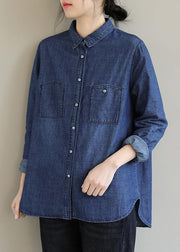 DIY Lapel Pockets Spring Clothes For Women Pattern Denim Blue Shirt