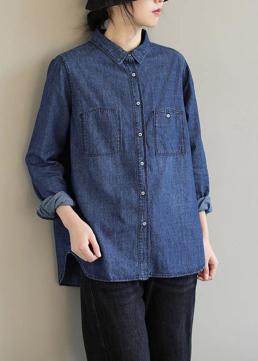 DIY Lapel Pockets Spring Clothes For Women Pattern Denim Blue Shirt