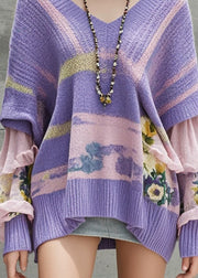 DIY Lavender Oversized Patchwork Knit Sweaters Fall