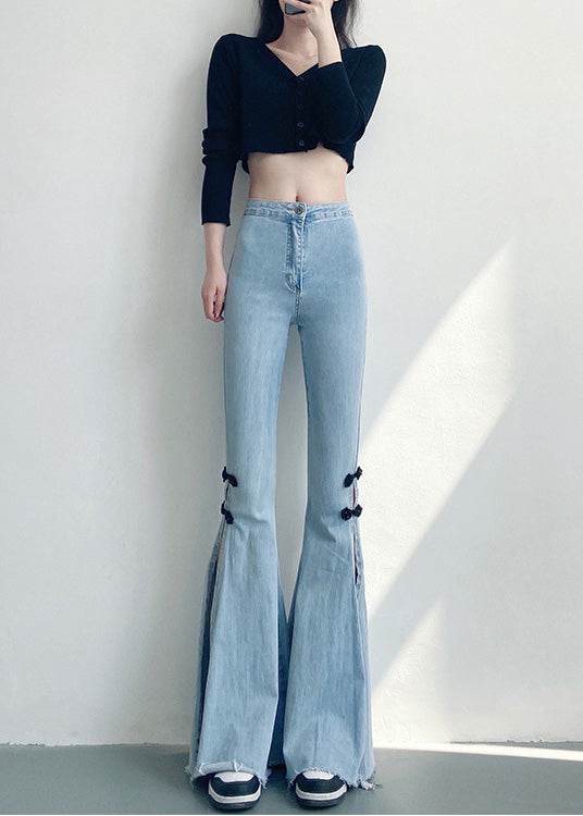 DIY Light Blue Chinese Button Side Open Denim Flare Bottoms Spring