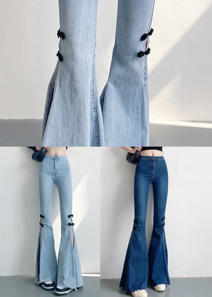 DIY Light Blue Chinese Button Side Open Denim Flare Bottoms Spring