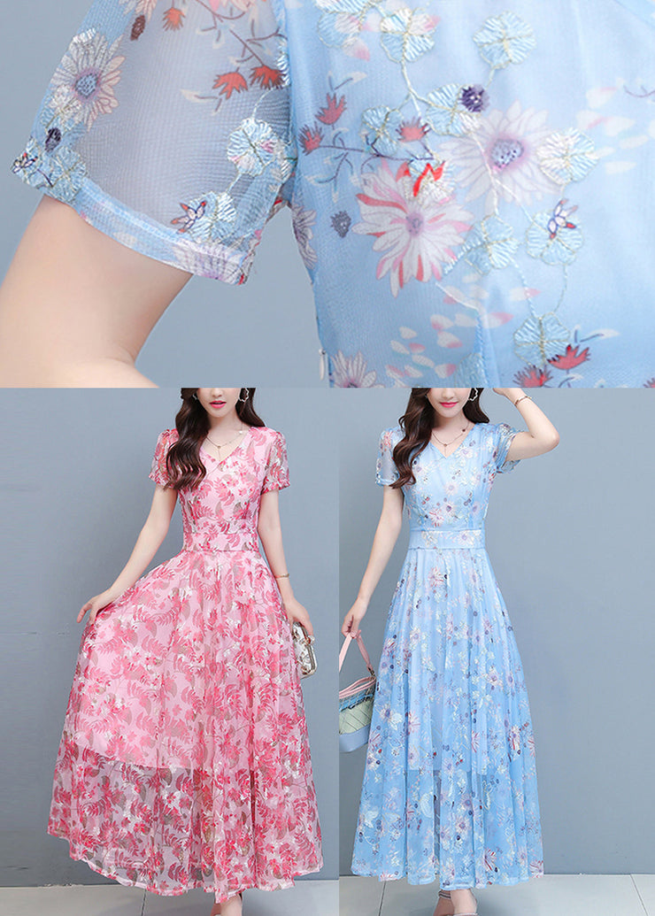 DIY Light Blue Print Chiffon Long Beach Dresses Summer