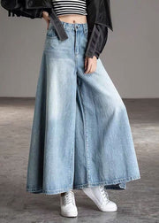 DIY Light Blue-chrysanthemum fashion Pockets Casual Wide Leg Fall Denim Pants