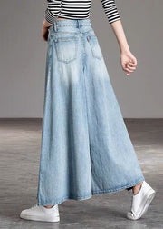 DIY Light Blue-chrysanthemum fashion Pockets Casual Wide Leg Fall Denim Pants