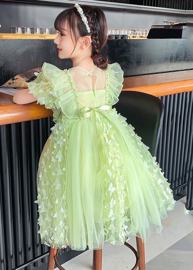 DIY Light Green O-Neck Butterfly Embroideried Tulle Girls Maxi Dress Summer