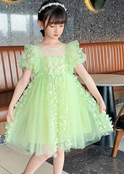 DIY Light Green O-Neck Butterfly Embroideried Tulle Girls Maxi Dress Summer