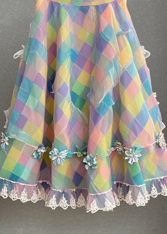 DIY Multicolor Plaid Flower Tulle Tea Skirt Summer