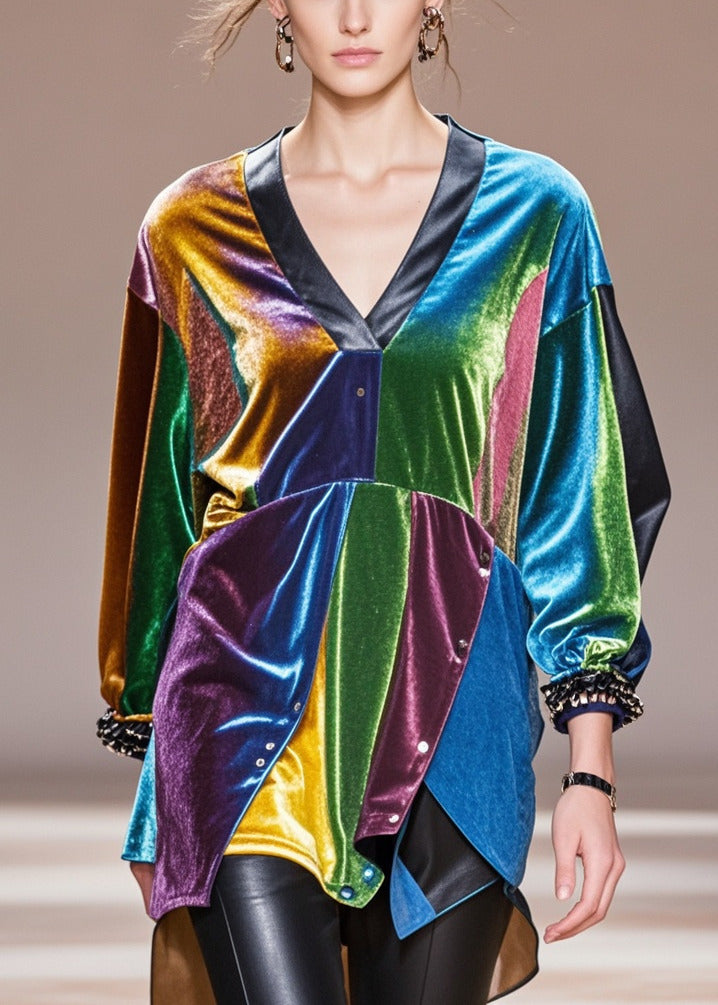 DIY Multicolour Asymmetrical Patchwork Silk Velour Shirt Tops Spring