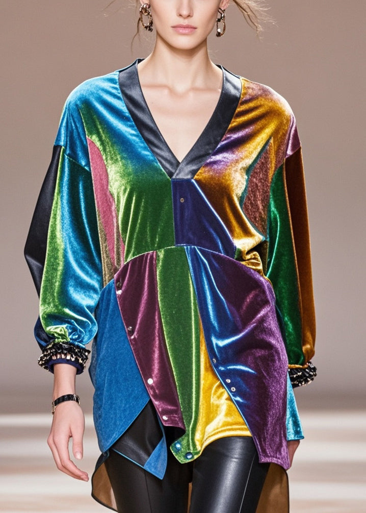 DIY Multicolour Asymmetrical Patchwork Silk Velour Shirt Tops Fall