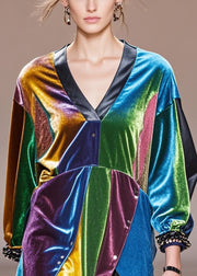 DIY Multicolour Asymmetrical Patchwork Silk Velour Shirt Tops Spring