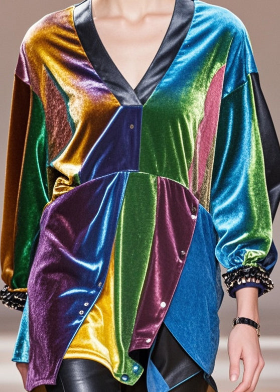 DIY Multicolour Asymmetrical Patchwork Silk Velour Shirt Tops Spring