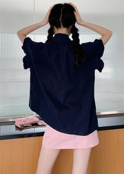 DIY Navy Asymmetrical Design Cartoon Pocket Cotton Shirt Puff Sleeve