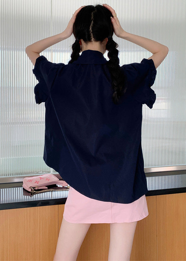 DIY Navy Asymmetrical Design Cartoon Pocket Cotton Shirt Puff Sleeve